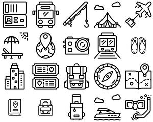 Set Of Linear Travel Outline Icons Web Header Banner Design Containing Bag,Package,Travel,Trip,Location Pictograms And Infographics Design Elements Vector Illustration