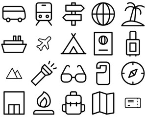 Set Of Linear Travel Line Icons Collection Isolated Silhouette Solid Icons Including Travel,Camp,Flight,Direction Set Vector Flat Line Icons