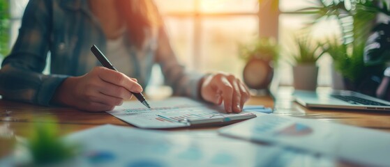 Person working on financial documents with charts and graphs at a desk, sunlight streaming through the window, focused and productive.