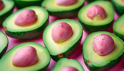Vibrant close-up image showcasing ripe avocado halves arranged on a pink background, symbolizing the celebration of national avocado day with their rich, green textures and healthy appeal