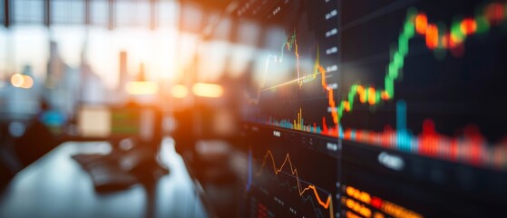Stock market analysis concept with charts on computer screens in office setting during sunrise, depicting global finance trends and data visualization.