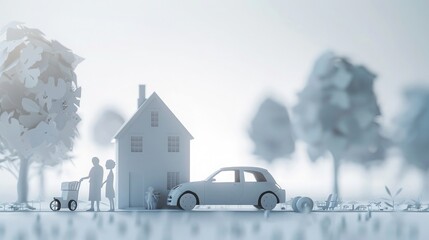 A family with two children stands next to their house and car. The scene features paper cutouts on a white, blurred background in a banner format