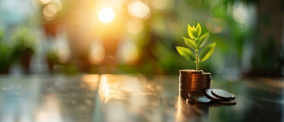 Young plant growing from a stack of coins on a wooden table with a blurred green background, representing financial growth and investment.