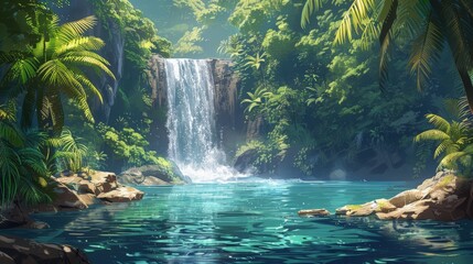 An illustration of a tropical waterfall, with clear water cascading into a calm pool surrounded by dense jungle vegetation. The simplicity of the design highlights the natural beauty and tranquility