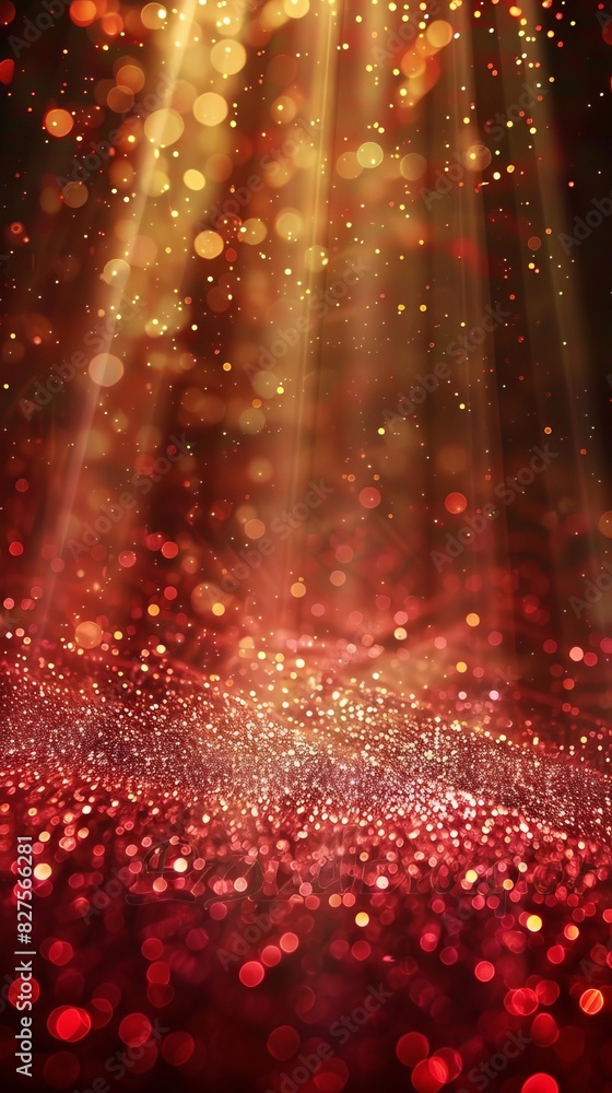 Poster deep red and gold light rays with a rich, luxurious background, creating a warm and opulent atmosphe