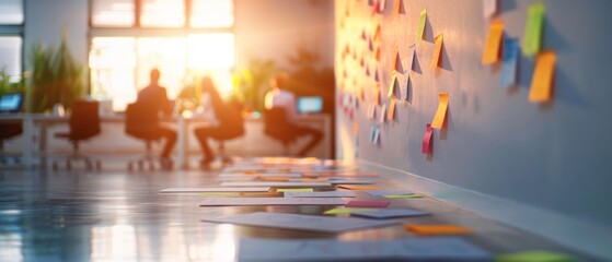 Creative workspace with sticky notes on a wall, documents on a table, and people collaborating in the background during a sunny day.