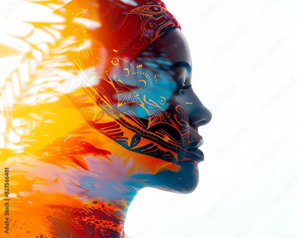 Poster double exposure of a woman's profile with vibrant artistic elements creating a captivating and abstr