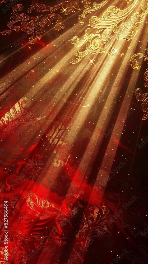 Poster deep red and gold light rays with a rich, luxurious background, creating a warm and opulent atmosphe