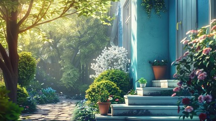 A beautiful spring garden in front of the house with pots on the stairs, plants and flowers...