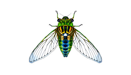 Detailed and Colorful Illustration of a Cicada with Intricate Veined Wings and Vibrant Body