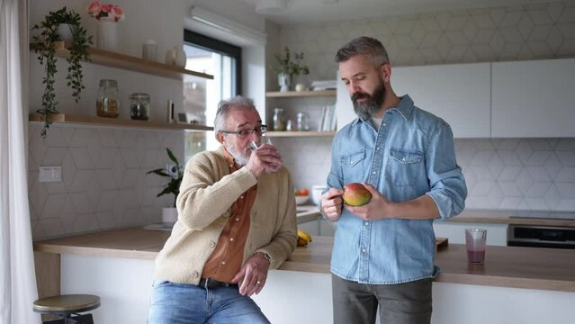 Father and mature son making fruit smoothie as snack, having fun in kitchen. Handsome man talking about mango fruit.