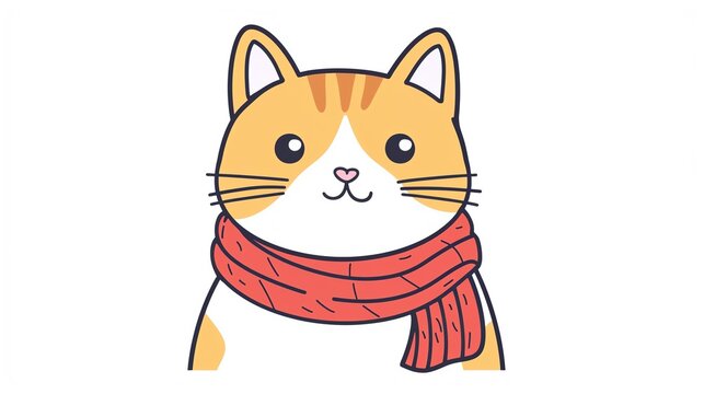 A cute cartoon cat wearing a red scarf is sitting on a white background. JPGE