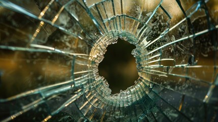 Close-up of shattered glass with clear bullet hole in center. Cracked spiderweb patterns, damage concept. Fragility, breakage. Detail of broken glass. Security, accidents, vulnerability. Try to kill.