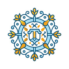 Fototapeta premium Ornate Floral Design with a Central Shield and Blue and Gold Colors