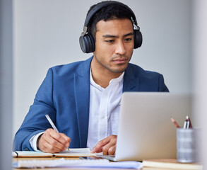 Businessman, laptop and headphones for business meeting, communication and agenda at work. Virtual...