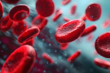 Close-up view of red blood cells in a fluid environment, floating against a soft-focus background