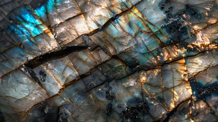 Close-up View of Polished Labradorite Stone Surface with Iridescent Blue and Gold Colors, Ideal for Gemstone and Mineral Design Projects