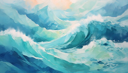 Abstract Gentle Texture of Future Waves Painted with Acrylic Strokes of Blue, White, Aquamarine, Mint, Turquoise Colors.