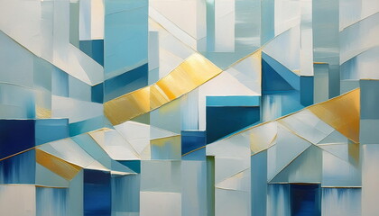 Abstract Geometric Texture Painted with Oil Brushstrokes of Blue, White, Yellow, Gold Colors.