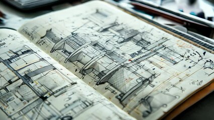 Open sketchbook with detailed architectural drawings and plans for buildings