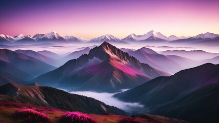 A breathtaking view of a mountain range with the first light of dawn illuminating the peaks. The sky is painted with hues of pink, orange, and purple, while a layer of mist covers the valleys below. T