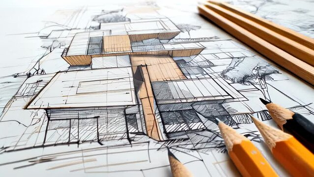 Architectural sketch featuring modern building design with wooden pencils