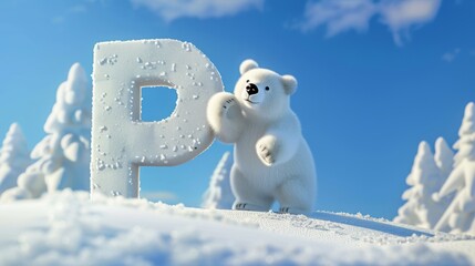 Fototapeta premium A cartoon bear stands in front of a large P