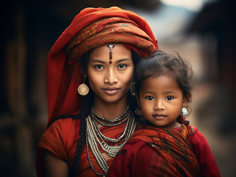 Nepali girl, clad in red jumper, cradles baby in Katmandu