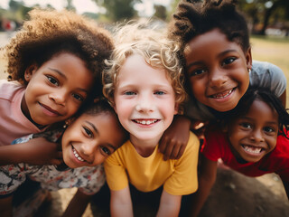 Obraz premium Diverse group of kids enjoy summer play at the park, embodying friendship and joy
