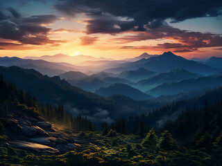 Evening sky paints a stunning backdrop to mountainous forests