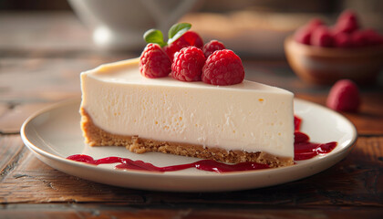 Indulgent slice of creamy cheesecake topped with fresh raspberries and garnished with mint, elegantly served with raspberry sauce on a rustic wooden table setting for national cheesecake day