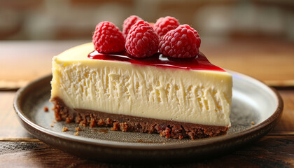 Perfect slice of creamy cheesecake topped with fresh raspberries and drizzled with red fruit syrup, presented on a rustic plate to honor national cheesecake day