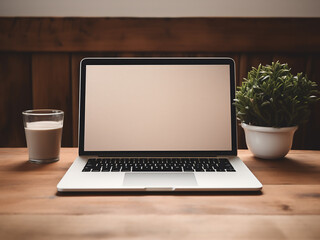 Fototapeta premium Desk arrangement laptop, stationery; wooden backdrop