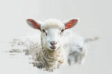 Fototapeta premium Close-up of a cute white sheep with red ears. Perfect for farm, livestock, and animal-related content.