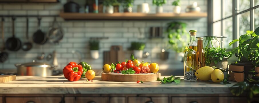 Craft a photorealistic digital artwork showcasing a side view of a virtual reality cooking show, with intricate details in CG 3D Experiment with unexpected camera angles to bring the culinary arts to