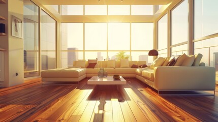 Fototapeta premium A living room with a modern sofa, a simple coffee table, and large windows