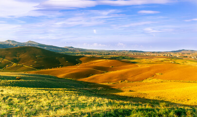 beautiful landscape in a yellow golden field in autumn or summer evening with nice rustic view of hills in countryside