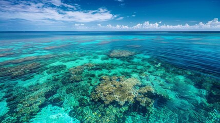 Fototapeta premium The underwater coral landscape of the ocean seen from above background