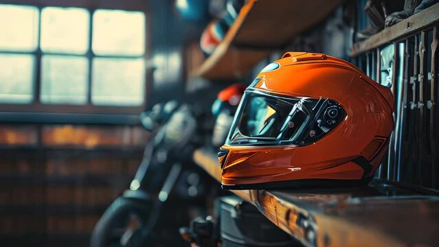 Shelves with helmets and motorcycle in vintage garage