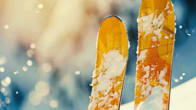 Close-up of yellow skis with snow against blurry winter background