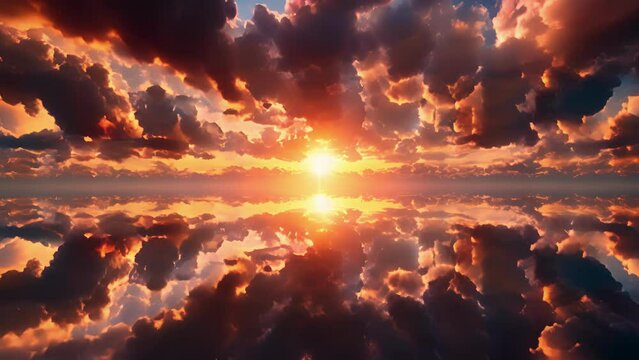 A mirrored reflection of a sunset with the sky and clouds made of antiparticles.