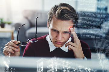 Businessman, headache and business with stress on overlay for anxiety, strain or pressure at home. Frustrated male person or software developer with migraine, code or depression in double exposure