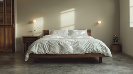 A bedroom with a low bed,  white bedding,  and a single nightstand