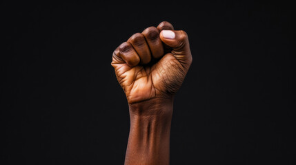 Raised clenched fist symbolizing power, resistance, and solidarity on a black background