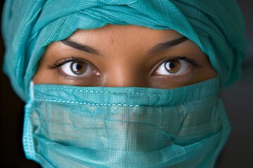 Naklejka premium Close up of a female healthcare worker with striking eyes wearing a surgical mask in a medical setting