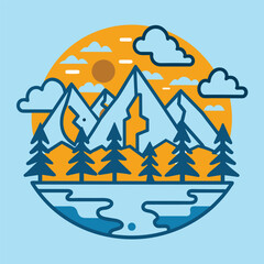 Fototapeta premium Mountains, Pine Trees, Sun, Clouds, and Lake in a Circular Design