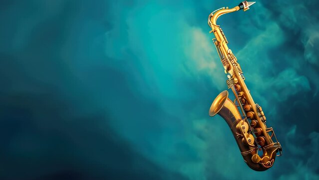 Golden saxophone against swirling blue background