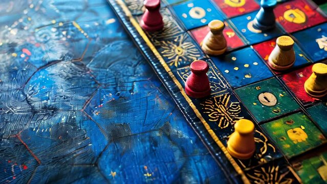 Colorful board game with tokens on textured surface