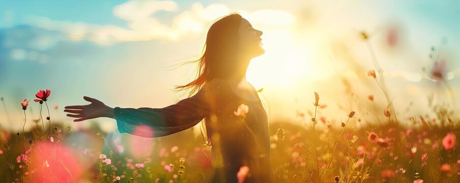 Silhouette of woman in field of wildflowers, arms outstretched, enjoying the sun.