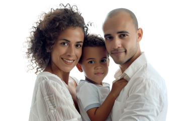 Brazilian family of mother, father and baby boy posing over isolated transparent background